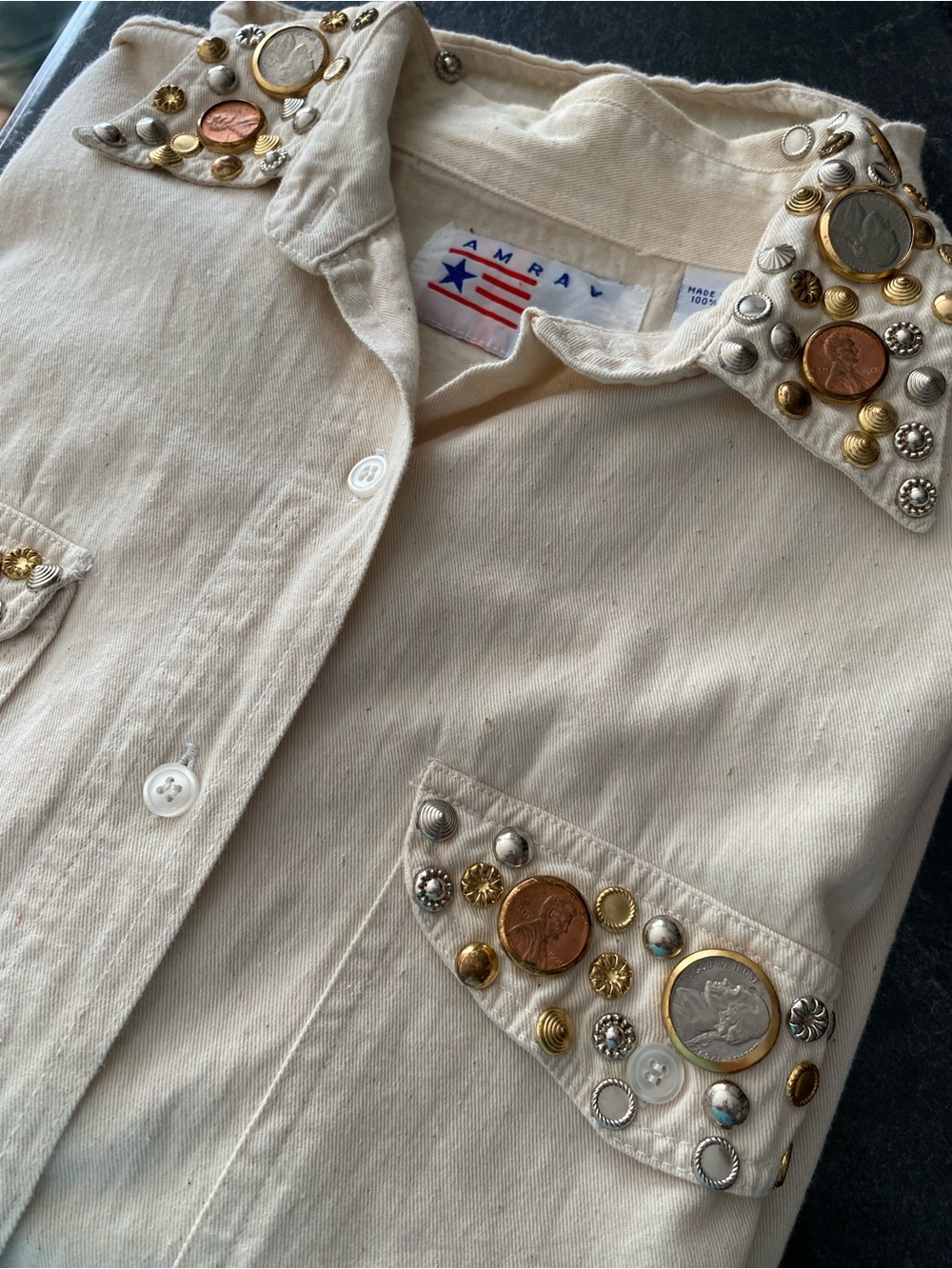Vintage Bedazzled 1990’s Cream Button-Up Shirt with Coin & Stud Detail